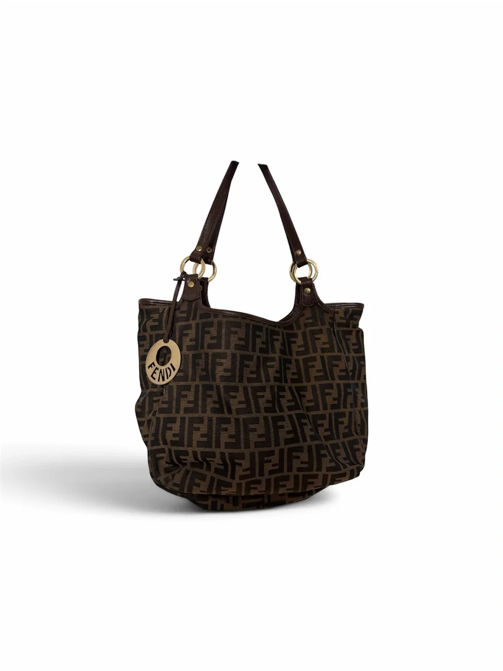 Fendi Brown Monogram Canvas Shoulder Bag with Logo Charm